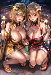 Rule 34 | 2girls, :d, alternate costume, anis (nikke), bare shoulders, blush, breasts, brown eyes, brown hair, cleavage, fireworks, full body, goddess of victory: nikke, hair ornament, highres, himonoata, holding, holding fireworks, large breasts, long hair, multiple girls, night, open mouth, outdoors, paid reward available, rapi (nikke), red eyes, sandals, short hair, smile, sparkler, thighs, toes, wide sleeves