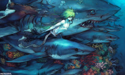 1boy barefoot colored_eyelashes fish from_side gills great_white_shark green_hair hair_between_eyes hammerhead_shark highres male_focus nipples shark solo topless_male torn_clothes underwater watermark web_address yi_lee