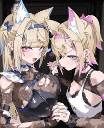 2girls absurdres alternate_costume animal_ear_fluff animal_ears arm_strap blonde_hair blue_eyes blue_hair blue_hairband blush breasts choker cleavage collar cross cross_earrings dog_ears dog_girl earrings fuwawa_abyssgard gurumie hair_ornament hairband highres holding_hands hololive hololive_english horn_hairband interlocked_fingers jewelry large_breasts mococo_abyssgard multicolored_hair multiple_girls pink_choker pink_eyes pink_hair pink_hairband ponytail siblings sisters small_breasts spiked_collar spikes streaked_hair twins virtual_youtuber x_hair_ornament