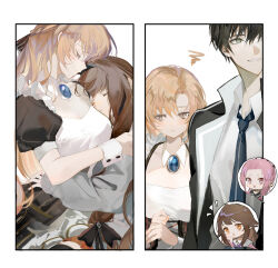 1girl 4girls :t absurdres ann_(forever_7th_capital) antoneva black_hair black_hairband black_jacket black_necktie blonde_hair blue_gemstone brown_hair chibi collared_shirt female_commander_(girls&#039;_frontline) firing forever_7th_capital gem green_eyes hairband highres jacket kachigo_(forever_7th_capital) long_hair maid male_commander_(forever_7th_capital) multiple_girls necktie pink_hair puffy_short_sleeves puffy_sleeves rrrr_222 shirt short_sleeves sleeping smile white_shirt