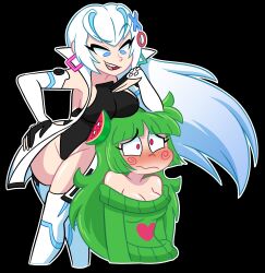 2girls absurdres ahoge bare_shoulders black_background blue_eyes blush breast_rest breasts breasts_on_head cleavage davidbaronart elbow_on_another&#039;s_head elbow_rest english_text food food-themed_hair_ornament food_print fruit fruit_print game_console green_hair green_sweater hair_ornament hand_on_own_hip heart highres indie_virtual_youtuber large_breasts leotard long_hair long_sleeves looking_at_another looking_down melon mini_melon_(vannamelon) multiple_girls off-shoulder_sweater off_shoulder open_mouth original personification playstation_5 ps5_chan red_eyes shiny_skin slice smile speech_bubble spiral_cheeks sweater teeth thighhighs vanna_melon virtual_youtuber watermelon watermelon_hair_ornament watermelon_print watermelon_slice white_hair yuri