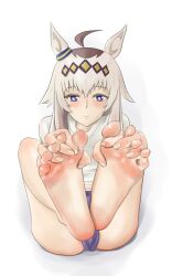 1girl animal_ears bare_legs barefoot between_toes blue_eyes closed_mouth feet feet_up female_focus flexible highres horse_ears horse_girl leg_up long_hair looking_at_viewer oguri_cap_(umamusume) parted_lips purple_shorts shirow_(mha03133) shirt short_shorts short_sleeves shorts simple_background soles solo thighs toes umamusume white_background white_hair white_shirt