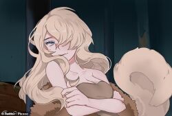 Rule 34 | 1girl, animification, blonde hair, blue eyes, breasts, cleavage, dog girl, hair over one eye, lady and the tramp, long hair, makeup, non-web source, open mouth, parted lips, peg (disney), personification, simple background, smile, solo, source request, tail, tuyam (pixxcc), wavy hair