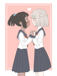 2girls blush braid brown_hair couple dark_skin hair_ornament heart highres holding_hands kurosawa_karura looking_at_another multiple_girls open_mouth original ponytail school_uniform serafuku short_hair smile standing yuri