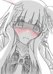 1girl @_@ animal_ears blush chrono_genesis_(umamusume) collarbone commentary_request embarrassed flustered hair_between_eyes hair_ornament hands_on_own_cheeks hands_on_own_face highres horse_ears horse_girl looking_at_viewer monochrome open_mouth portrait scene_reference school_uniform shaded_face simple_background solo take20131004 tracen_school_uniform umamusume wavy_mouth white_background