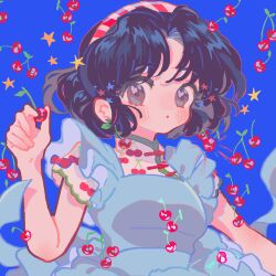 1girl blue_background blue_dress cherry commentary dress food frilled_dress frilled_sleeves frills fruit highres looking_at_viewer ranma_1/2 reed short_hair solo symbol-only_commentary tendou_akane upper_body