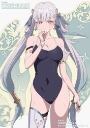 1girl alternate_costume aoi_suzu artist_logo bare_shoulders blush bow breasts cleavage closed_mouth colored_eyelashes commentary_request covered_navel cowboy_shot earrings fingernails grey_bow hair_bow hand_up highres jewelry jinhsi_(wuthering_waves) large_breasts logo long_hair looking_at_viewer low_twintails mole mole_on_cheek mole_on_thigh multiple_hair_bows one-piece_swimsuit school_swimsuit solo swimsuit thighs twintails very_long_hair wet white_eyelashes white_eyes wuthering_waves