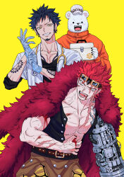 3boys arm_tattoo bear_boy belt belt_buckle bepo_(one_piece) biceps black_hair black_shirt bleeding blood blue_gloves brown_belt buckle buttons chest_tattoo claws coat coat_on_shoulders collarbone commentary_request cuts doctor earrings eustass_kid facial_hair fangs finger_tattoo first_aid_kit fur_coat fur_hat furry furry_male gears gloves goatee goggles goggles_on_head gold_earrings grin hand_tattoo hands_up hat highres injury jewelry jumpsuit lab_coat lapels male_focus mechanical_arms multiple_boys muscular muscular_male one_piece open_clothes open_coat open_mouth open_shirt orange_jumpsuit pectorals red_coat red_eyes red_hair red_lips rubber_gloves scar scar_across_eye scar_on_arm scar_on_chest scar_on_face shirt short_hair short_sleeves sideburns simple_background single_mechanical_arm sleeveless sleeveless_shirt sleeves_rolled_up smile spiked_hair stethoscope stethoscope_around_neck sweat tattoo teeth trafalgar_law v-shaped_eyebrows white_coat white_hat yakumo_(ykm) yellow_background yellow_eyes
