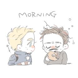 Rule 34 | 2boys, animification, avengers (series), blonde hair, blue bodysuit, blue eyes, bodysuit, brown hair, captain america, closed eyes, closed mouth, commentary request, donut, eating, english text, facial hair, food, grey shirt, hand up, holding, holding donut, holding food, long sleeves, looking at another, male focus, marvel, marvel cinematic universe, multiple boys, my 3rd, puffy long sleeves, puffy sleeves, shirt, short hair, simple background, sleepy, star (symbol), steve rogers, superhero costume, sweatdrop, tony stark, upper body, vertical-striped bodysuit, white background