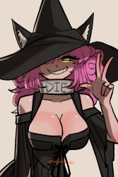 1girl animal_ear_fluff animal_ears arm_up bare_shoulders black_corset black_ears black_hat black_ribbon black_sleeves black_souls black_souls_2 cat_ears cat_girl cheshire_cat_(black_souls) choker cleavage_cutout clothing_cutout corset curly_hair detached_sleeves frilled_sleeves frills glowing glowing_eye grey_background grey_choker grin hat hat_over_one_eye highres looking_at_viewer m8n8xide medium_hair ribbon signature slit_pupils smile solo v witch_hat yellow_eyes