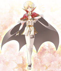 Rule 34 | 1boy, bell, black cape, black shoes, blonde hair, cape, capelet, commentary request, fingerless gloves, flower, full body, fur-trimmed capelet, fur trim, gloves, green eyes, hair bell, hair flower, hair ornament, hair ribbon, high wizard (ragnarok online), jingle bell, looking at viewer, male focus, micoto, pants, pink background, pink flower, purple ribbon, ragnarok online, red capelet, ribbon, shirt, shoes, short hair, solo, white gloves, white pants, white shirt, yellow background
