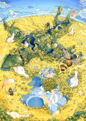 1girl ^_^ absurdres aircraft airplane bee bird blue_hair blue_skirt blue_sky blush_stickers bug bumblebee_(insect) closed_eyes cloud commentary_request double-parted_bangs falling_petals field flower goose grin hair_between_eyes highres holding holding_flower horizon insect long_skirt looking_at_viewer nara_lalana original overgrown petals ruins shirt short_hair short_sleeves skirt sky smile white_shirt yellow_flower