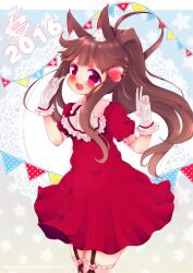 Rule 34 | 1girl, 2016, animal ear fluff, animal ears, ascot, blue background, brown background, brown hair, collared dress, commentary, cowboy shot, cyuute, deviantart username, dress, english commentary, frilled ascot, frilled gloves, frilled thigh strap, frills, garland (decoration), gloves, gradient background, hair ornament, happy, heart, heart hair ornament, lace, light blush, long hair, long sidelocks, looking ahead, open mouth, original, pink eyes, pink thighhighs, pleated dress, ponytail, puffy short sleeves, puffy sleeves, rabbit ears, rabbit girl, red dress, ribbed thighhighs, short dress, short sleeves, sidelocks, smile, solo, standing, star (symbol), star symbol background, tareme, thigh strap, thighhighs, watermark, wavy hair, white ascot, white gloves