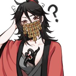 1girl ? ahoge arm_behind_head between_breasts black_hair black_hanfu breasts chinese_clothes chinese_commentary coat coin coin_mask collarbone confused covered_mouth creature dao_gui_yi_xian eyeball genderswap genderswap_(mtf) hair_between_eyes hair_bun half_updo hand_on_own_head hanfu holed_coin jingzizi052 li_huowang li_sui_(tentacles) long_hair looking_at_viewer mask medium_breasts mouth_veil open_clothes open_coat red_coat red_eyes robe simple_background single_hair_bun solo squiggle tears tentacles tentacles_under_clothes upper_body veil white_background