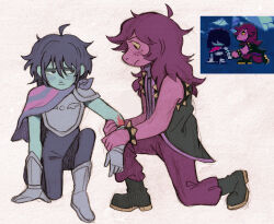 1girl 1other aqua_skin armor black_hair blood bracelet cape colored_skin deltarune furry furry_female highres jewelry kris_(dark_world)_(deltarune) kris_(deltarune) long_hair pink_cape pink_skin purple_hair reptile_girl spiked_bracelet spikes susie_(dark_world)_(deltarune) susie_(deltarune) szivarvanyturmix02 tomboy