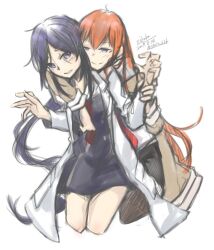 2girls ahoge bare_legs belt black_pantyhose black_shorts blush chaos;child clenched_teeth coat commentary dress_shirt dress_vest grabbing_from_behind hekiho_academy_school_uniform holding_another&#039;s_wrist hug hug_from_behind in-franchise_crossover jacket jacket_partially_removed kunosato_mio lab_coat lapels long_hair long_sidelocks long_sleeves looking_at_another looking_back makise_kurisu multiple_girls narrowed_eyes necktie notched_lapels pantyhose pantyhose_under_shorts parted_lips ponytail purple_eyes purple_hair red_hair red_necktie school_uniform science_adventure shirt shorts sidelocks smile smug steins;gate teeth white_belt white_coat yakku yuri