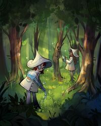 Rule 34 | 2girls, 4others, dress, feefal, forest, full body, glasses, grass, hat, highres, long hair, multiple girls, multiple others, nature, original, procreate (medium), scientist, tree, witch, witch hat