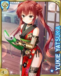 Rule 34 | 1girl, arm guards, bare shoulders, black bow, bow, braid, breasts, brown eyes, card (medium), closed mouth, day, dress, fingerless gloves, fishnet gloves, fishnet thighhighs, fishnets, girlfriend (kari), gloves, hair bun, hair ornament, indoors, long hair, looking at viewer, ninja, official art, qp:flapper, red dress, red hair, ribbon, scroll tube, small breasts, solo, standing, thighhighs, twin braids, twintails, yatsuka yukie