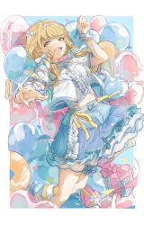 Rule 34 | 1girl, absurdres, balloon, belt, blonde hair, blue skirt, blush, box, braid, choker, clenched hand, commentary request, confetti, cropped jacket, cropped shirt, fang, frilled thigh strap, fujita kotone, gakuen idolmaster, gift, gift box, hair ribbon, hairband, heart balloon, highres, idolmaster, jacket, layered skirt, looking at viewer, midriff, miniskirt, nami (wa98449), open clothes, open jacket, open mouth, pointing, pointing at viewer, ribbon, scrunchie, sekaiichi kawaii watashi (idolmaster), short sleeves, skirt, solo, sparkle, thigh strap, twin braids, wrist scrunchie, yellow eyes