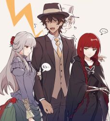 !? ... 1boy 2girls afterimage arashiko_falcom arm_grab belt black_cloak black_dress black_hair black_headwear black_jacket black_pants blunt_bangs braid breasts butterfly_ornament cloak collared_shirt confused cowboy_shot dress fata_morgana_no_yakata flower formal_clothes frown grey_dress grey_hair grey_vest hair_flower hair_ornament hair_over_shoulder hand_on_another&#039;s_arm hand_up hetero highres hood hood_down hooded_cloak jacket jacopo_bearzatti juliet_sleeves light_smile long_hair long_sleeves looking_at_another looking_to_the_side medium_breasts morgana_(fata_morgana_no_yakata) multiple_girls necktie pants pout puffy_sleeves reaching red_eyes red_flower red_hair red_rose rose shirt short_hair shy side-by-side sideways_glance skeletal_hand smile spoken_ellipsis suit surprised the_white-haired_girl_(fata_morgana_no_yakata) turning_head twin_braids twintails very_long_hair vest white_background white_shirt worried yellow_eyes yellow_necktie