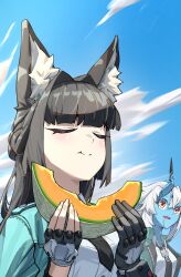 2girls absurdres animal_ear_fluff animal_ears aqua_jacket black_gloves black_hair black_necktie blue_skin blue_sky cantaloupe cantaloupe_slice closed_eyes closed_mouth cloud cloudy_sky colored_skin day drooling eating food fox_ears fox_girl fruit gloves highres horns hoshimi_miyabi jacket makotogab melon multiple_girls necktie outdoors shirt sky soukaku_(zenless_zone_zero) white_hair white_shirt yellow_eyes zenless_zone_zero