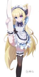 1girl absurdres animal_ears apron asymmetrical_legwear black_bow black_thighhighs blonde_hair blue_dress blue_eyes blush bow cat_ears dress frilled_apron frills heart heart-shaped_pupils heterochromia highres long_hair looking_at_viewer maid_headdress mixian open_mouth original panties purple_eyes simple_background solo split standing standing_on_one_leg standing_split symbol-shaped_pupils thighhighs underwear white_apron white_background white_panties white_thighhighs