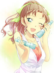 Rule 34 | 1girl, ;d, blush, bottle, breasts, collarbone, green eyes, green ribbon, hair ribbon, high ponytail, holding, holding bottle, jewelry, long hair, looking at viewer, meitantei conan, necklace, okino youko, one eye closed, open mouth, pink shirt, ponytail, ribbon, roino, shirt, smile, solo, upper body, vest, white vest