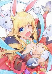 Rule 34 | 1girl, :d, absurdres, animal ears, belt, blonde hair, blue brooch, blue eyes, blue gemstone, breasts, bridal gauntlets, cleavage, collar, commentary request, detached collar, dress, elemental master (ragnarok online), fur-trimmed dress, fur trim, gem, green gemstone, highres, large breasts, long hair, looking at viewer, noxxia39, open mouth, purple belt, rabbit, rabbit ears, rabbit girl, ragnarok online, red dress, red gemstone, simple background, smile, solo, upper body, white background, white bridal gauntlets, white collar