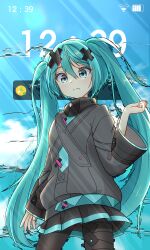 1girl absurdres aqua_eyes aqua_hair bandaid bandaid_on_leg batsu_miku battery_indicator black_skirt blush breasts closed_mouth grey_jacket hair_between_eyes hair_ornament hatsune_miku highres jacket kowareta_sekai_to_utaenai_miku long_hair long_sleeves medium_breasts natsu_chiki pantyhose pleated_skirt project_sekai skirt sleeves_past_wrists solo turtleneck turtleneck_jacket twintails very_long_hair vocaloid wi-fi_symbol wide_sleeves x_hair_ornament