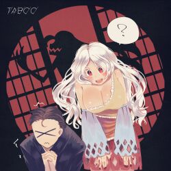 1boy 1girl ? ^^^ bare_shoulders black_border blue_kimono blush border breasts brown_hair cleavage closed_mouth commentary_request cowboy_shot culotte_(hosenrock) detached_sleeves diao_ye_zong different_shadow dress english_text eyelashes forehead frilled_dress frills frown hands_on_own_thighs highres interlocked_fingers japanese_clothes kimono large_breasts long_hair long_sleeves looking_at_another multicolored_dress nail_polish open_mouth outside_border own_hands_clasped own_hands_together parted_bangs red_background red_eyes red_nails round_border sakata_nemuno scared sharp_teeth short_dress short_hair shouji simple_background single-shoulder_dress sleeves_past_wrists sliding_doors smile song_name spoken_question_mark teeth touhou trembling upper_teeth_only wavy_hair wavy_mouth white_hair white_sleeves wide_sleeves x