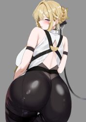 1girl absurdres arm_strap ass ass_focus back_cutout bare_shoulders black_pants blonde_hair blush breasts chest_harness clothing_cutout earrings evelyn_chevalier from_behind grey_background hair_up harness high-waist_pants highres jewelry large_breasts long_hair looking_at_viewer looking_back machan median_furrow mole mole_under_eye necktie o-ring pants parted_lips purple_eyes ring_hair_ornament shirt sidelocks simple_background solo sweatdrop thick_thighs thigh_gap thigh_strap thighs tight_clothes tight_pants uneven_bangs white_shirt yellow_necktie zenless_zone_zero