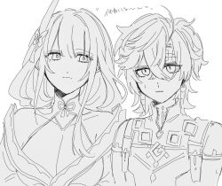 Rule 34 | 1boy, 1girl, armor, blunt bangs, breasts, cleavage, closed mouth, collarbone, earrings, ei 626a, friends, genshin impact, hair between eyes, hair ornament, head tilt, headband, highres, japanese clothes, jewelry, kimono, kinich (genshin impact), large breasts, leaning on person, long hair, looking at another, looking to the side, monochrome, neck ribbon, nervous, nervous sweating, off shoulder, parted lips, partially unzipped, raiden shogun, ribbon, shade, short hair, short sleeves, shoulder armor, simple background, standing, sweat, sweatdrop, upper body, wavy hair, white background