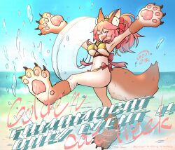 1girl animal_ear_fluff animal_ears animal_hands bell bikini blush breasts cat_paws cleavage closed_mouth collar fang fate/grand_order fate_(series) fox_ears fox_girl fox_tail full_body gloves gold_bikini hair_ribbon highres jingle_bell kuuha_(kuuha_hatori) large_breasts long_hair neck_bell ocean open_mouth outdoors partially_submerged paw_gloves paw_shoes pink_hair ponytail red_ribbon ribbon skin_fang solo swimsuit tail tamamo_(fate) tamamo_cat_(fate) water