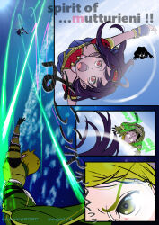 1boy 1girl above_clouds character_request cloud floating green_hair headband highres levitation onenine_(m) sword_art_online yuuki_(sao)