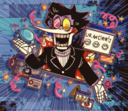 Rule 34 | 1boy, arrow (symbol), artist name, black hair, black jacket, commentary, confetti, deltarune, doll joints, english commentary, eyes visible through eyewear, gh0stbreath, heterochromatic eyewear, highres, jacket, joints, long nose, male focus, medium hair, open mouth, pipis (deltarune), pointy nose, round eyewear, signature, solo, spamton g. spamton, sparkle, sweater, teeth, tinted eyewear, white sweater, window (computing)