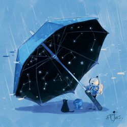 Rule 34 | 1other, animal, artist name, backpack, bag, black cat, blue jacket, blue theme, cat, commentary, constellation, fish, flying fish, gloves, helmet, highres, jacket, kazunoko (kazunoko zunoco), monochrome, original, oversized object, projector, radio antenna, rain, shadow, signature, space, space helmet, star (sky), star (symbol), umbrella, white gloves