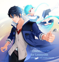 Rule 34 | 1boy, 1girl, artist name, black hair, blue eyes, blue hair, blunt bangs, braid, coin, coin flip, commentary, commission, crown braid, dog tags, eiyuu densetsu, elbow gloves, english commentary, english text, floating hair, gloves, hair between eyes, high heels, highres, jacket, kuro no kiseki (series), long hair, looking at viewer, mare (eiyuu densetsu), maskyarts, multicolored hair, short hair, smile, streaked hair, thighhighs, twintails, two-tone hair, van arkride, watermark, yellow eyes