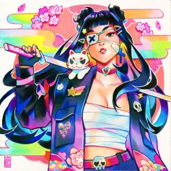Rule 34 | 1girl, art trade, artist name, belt, black eyes, black hair, blue gloves, blue hair, blue nails, breasts, choker, cleavage, colored inner hair, commentary, delinquent, egasumi, english commentary, eyepatch, fingerless gloves, flower, glitter (medium), gloves, gouache (medium), hair ornament, hairclip, heart, highres, holding, holding sword, holding weapon, jacket, large breasts, long hair, looking at viewer, mole, mole under eye, multicolored hair, nail polish, open clothes, open jacket, original, painting (medium), parted lips, pink hair, purple hair, rian gonzales, sarashi, skull, solo, star (symbol), sukeban, sword, traditional media, watercolor (medium), weapon