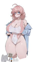 Rule 34 | 1girl, absurdres, ahoge, blue eyes, blue jacket, breasts, cleavage, competition swimsuit, curvy, glasses, highres, jacket, large breasts, mimyo, one-piece swimsuit, open clothes, open jacket, original, pink hair, simple background, solo, swimsuit, thick thighs, thighs, two-tone one-piece swimsuit, white background