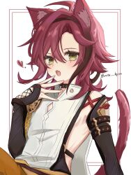 1boy ahoge animal_ears armpits bishounen cat_boy cat_ears cat_tail cowboy_shot fingerless_gloves genshin_impact gloves green_eyes hand_up heart highres japanese_clothes male_focus mole mole_under_each_eye mole_under_eye multiple_moles open_mouth red_hair ruta_hp04 shikanoin_heizou shirt short_hair side_slit simple_background solo tail white_background white_shirt