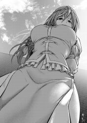 1girl braid breasts brick_wall china_dress chinese_clothes cloud cowboy_shot dress foreshortening frills from_below hair_between_eyes halftone hat hat_ornament hong_meiling koyubi_(littlefinger1988) large_breasts long_hair looking_at_viewer looking_down sky solo star_(symbol) star_hat_ornament touhou
