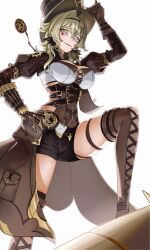 1girl absurdres black_shorts boots breasts brown_corset brown_gloves brown_hair commentary_request corset gloves grey_eyes hair_intakes hat highres honkai_(series) honkai_impact_3rd lace-up_boots large_breasts medium_hair niao_fan parted_lips short_shorts shorts shrug_(clothing) simple_background solo thigh_boots thighs top_hat vill-v white_background