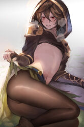 1boy armor ass brown_gloves brown_hair brown_pantyhose clothes_lift doushite feet_out_of_frame fingerless_gloves gloves gold_trim granblue_fantasy grey_background hair_between_eyes highres hood hood_up legs looking_at_viewer lying male_focus navel on_ground on_side pantyhose parted_lips red_eyes sandalphon_(granblue_fantasy) shirt_lift short_hair shoulder_armor sketch solo stomach thighs trap