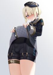 1boy :/ absurdres backlighting beret black_shorts blonde_hair blue_gloves blue_hat blue_jacket blunt_bangs blush bulge clothes_lift commentary_request cowboy_shot cross-laced_clothes cross-laced_shorts crotch_seam fingerless_gloves freckles freminet_(genshin_impact) frown genshin_impact gloves hair_over_one_eye hands_up hat highres jacket jacket_lift leaning_back lifting_own_clothes long_sleeves looking_at_viewer male_focus omiyacha parted_bangs purple_eyes sailor_collar short_hair short_shorts shorts sidelocks simple_background sleeve_cuffs solo standing suspender_shorts suspenders sweatdrop taut_clothes taut_shorts thigh_strap trap