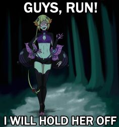 1girl absurdres black_shorts black_shrug blonde_hair bra capella_emerada_lugnica commentary english_commentary english_text fangs flower full_body glowing glowing_eyes guys_run!_i_will_hold_her_off_(meme) hair_flower hair_ornament hand_on_own_hip highres looking_at_viewer meme navel night ok_sign open_mouth outdoors pink_eyes purple_bra re:zero_kara_hajimeru_isekai_seikatsu red_flower romulproduce short_hair_with_long_locks shorts shrug_(clothing) smile solo stomach tongue tongue_out underwear