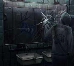 1boy attack bag bathroom black_gloves blood blood_on_face broken_glass broken_wall ceiling_light cowboy_shot crazy_grin cry_of_fear dark different_reflection dim_lighting dionaisque61043 dual_persona faucet glass gloves graffiti grey_hoodie hand_dryer holding holding_knife hood hood_up hoodie horror_(theme) knife light_particles male_focus out_of_frame print_hoodie reflection shoulder_bag simon_henriksson simon_henriksson_(book) sink tile_floor tile_wall tiles toilet_stall walking