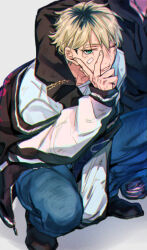 Rule 34 | 1boy, 1other, arm around shoulder, arm between legs, bandaid, bandaid on cheek, bandaid on face, black footwear, black hoodie, bleached hair, blonde hair, blue hair, chain, chain bracelet, delinquent, denim, deuce spade, dirty, dirty clothes, dirty face, gold chain, hood, hoodie, jacket, jeans, kneeling, letterman jacket, light frown, looking at viewer, off shoulder, one eye closed, pants, shirt, slav squatting, squatting, sukajan, t-shirt, torn clothes, torn pants, twisted wonderland, usachangm, v, v-shaped eyebrows, v over eye, white background, white shirt