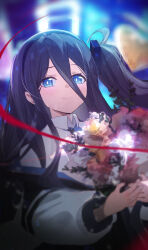1girl absurdres aris_(blue_archive) black_hair blue_archive blue_eyes blue_necktie blurry blurry_background bright_pupils closed_mouth collared_shirt commentary english_commentary flower hair_between_eyes hayate_(1034853996) highres holding holding_flower jacket long_hair long_hair_between_eyes long_sleeves looking_at_viewer necktie one_side_up open_clothes open_jacket shirt solo upper_body very_long_hair white_jacket white_pupils white_shirt