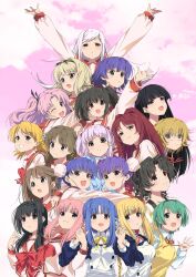 Rule 34 | 2000s (style), 6+girls, :3, ahoge, arms up, blonde hair, blue dress, blue eyes, blue hair, bow, bowtie, braid, braided bangs, braided ponytail, brown eyes, brown hair, buttons, closed mouth, collared dress, double-breasted, dress, faux retro artstyle, glasses, green eyes, green hair, grin, hair bobbles, hair bun, hair intakes, hair ornament, hair ribbon, hairband, hanesaki mio, high ponytail, highres, himeyuri ruri, himeyuri sango, holding hands, ilfa (to heart), insomnia (insomnia plus), komaki ikuno, komaki manaka, kousaka tamaki, kusakabe yuuki (to heart 2), kusugawa sasara, long hair, long sleeves, looking at viewer, low twintails, lucy maria misora, maaryan (to heart), medium hair, milfa (to heart), multi (to heart), multiple girls, one eye closed, open mouth, pink eyes, pink hair, pink shirt, ponytail, purple eyes, red bow, red bowtie, red eyes, red hair, red sailor collar, ribbon, sailor collar, sasamori karin, school uniform, serafuku, shirt, short hair, short twintails, silfa (to heart), smile, straight hair, to heart (series), to heart 2, tonami yuma, twintails, two side up, wavy hair, white hair, yamada michiru, yellow ribbon, yoshioka chie, yuzuhara haruka, yuzuhara konomi