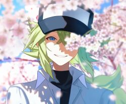 Rule 34 | 1boy, baseball cap, black shirt, blue eyes, cherry blossoms, green hair, grin, hair between eyes, hat, long hair, looking at viewer, male focus, n (pokemon), nintendo, one eye covered, pokemon, pokemon bw, portrait, shirt, sidelocks, smile, solo, turtleneck, turtleneck shirt, wind, zero (sleepy meltan)